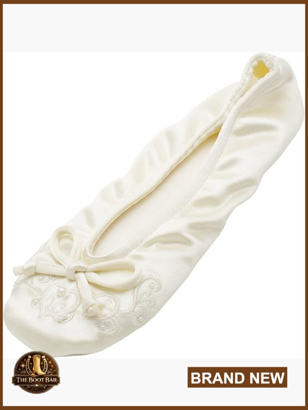 Satin Ballerina Slippers with Embroidered Pearl, Genuine Suede Sole